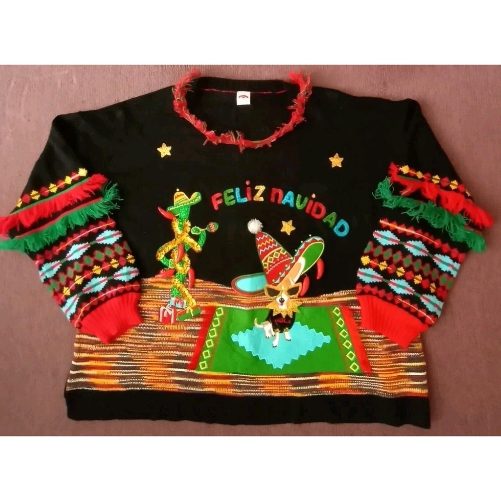 Ugly Christmas Sweater Womens‎ 2X Feliz Navidad Peppers Chihuahua Cactus Sequin
